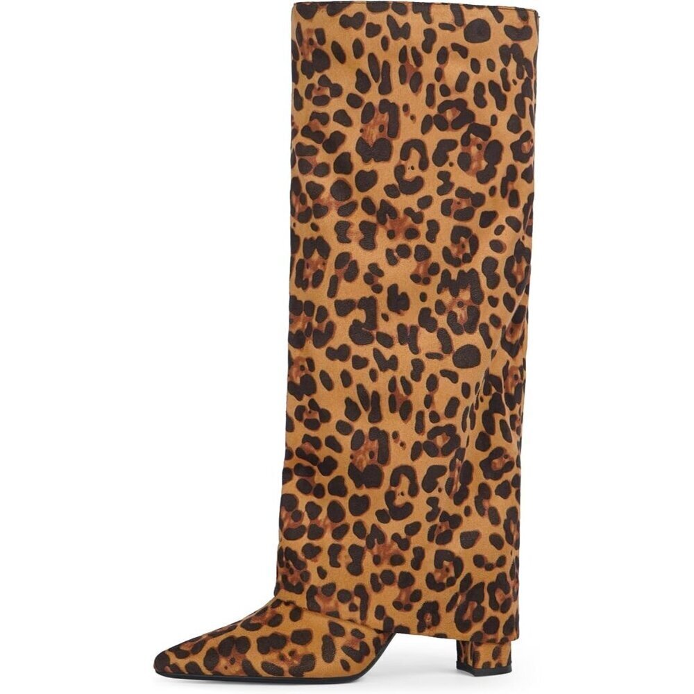 Women Suede leopardFaux Leather Fold Over Knee High Chunky High Heels Boot - Picture 2 of 7
